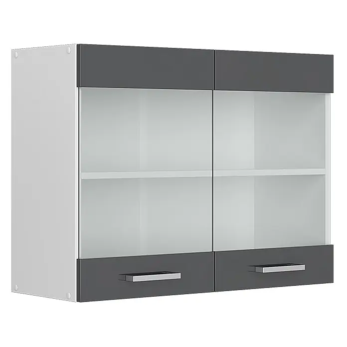 Vicco Schrankküche R-Line Anthrazit Hochglanz - Anthrazit Hochglanz, Hängeglasschrank 80 cm - Wandschrank mit weißem Korpus, dunkelgrauen Akzenten, zwei Mattglastüren und zwei unteren Schubladen mit silbernen Griffen.