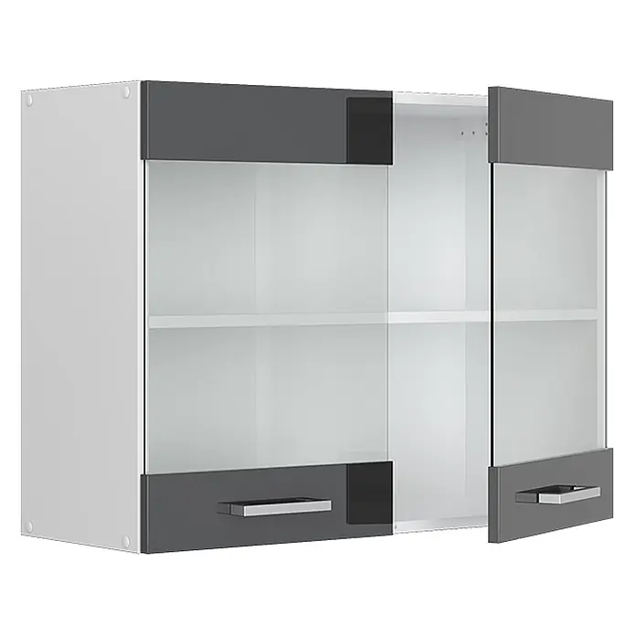 Vicco Schrankküche R-Line Anthrazit Hochglanz - Anthrazit Hochglanz, Hängeglasschrank 80 cm - Weißer Küchenhängeschrank mit dunkelgrauen Akzenten, mattierten Glastüren und Metallgriffen. Eine Tür ist geöffnet und zeigt zwei Regalböden.