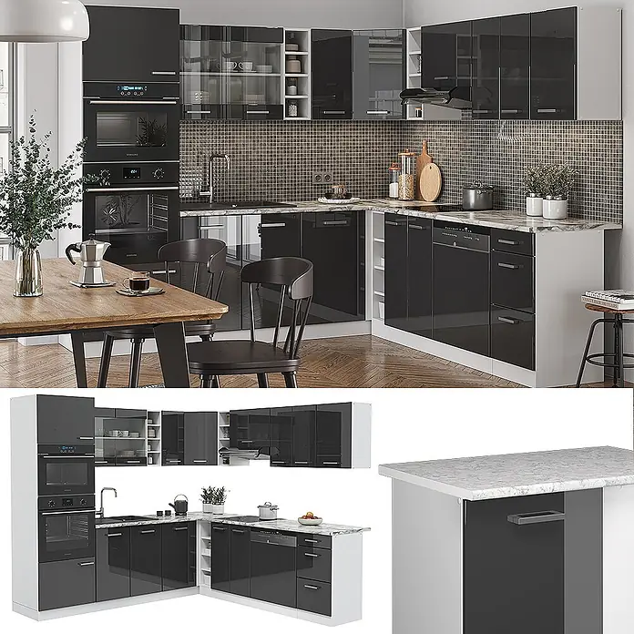 Vicco Eckküche R-Line Anthrazit Hochglanz/Weiß, AP Anthrazit - B x T: 247 x 60 cm, Anthrazit Hochglanz, Ohne Elektrogeräte - Moderne L-förmige Küchenzeile mit hochglanz anthrazitfarbenen Schränken, hellen Arbeitsplatten und Einbaugeräten.