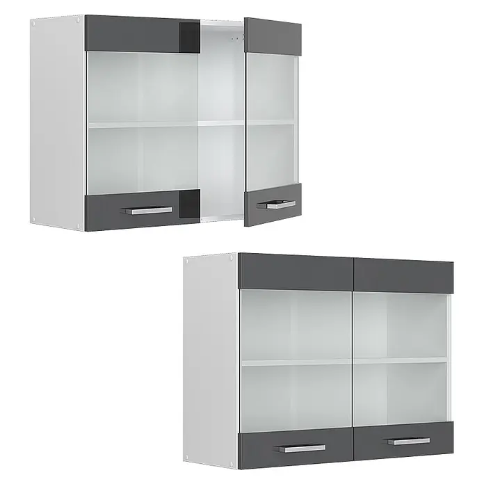 Vicco Schrankküche R-Line Anthrazit Hochglanz - Anthrazit Hochglanz, Hängeglasschrank 80 cm - Zwei weiße und dunkelgraue Hängeschränke mit satinierten Glastüren und silbernen Griffen. Einer ist offen, einer geschlossen.