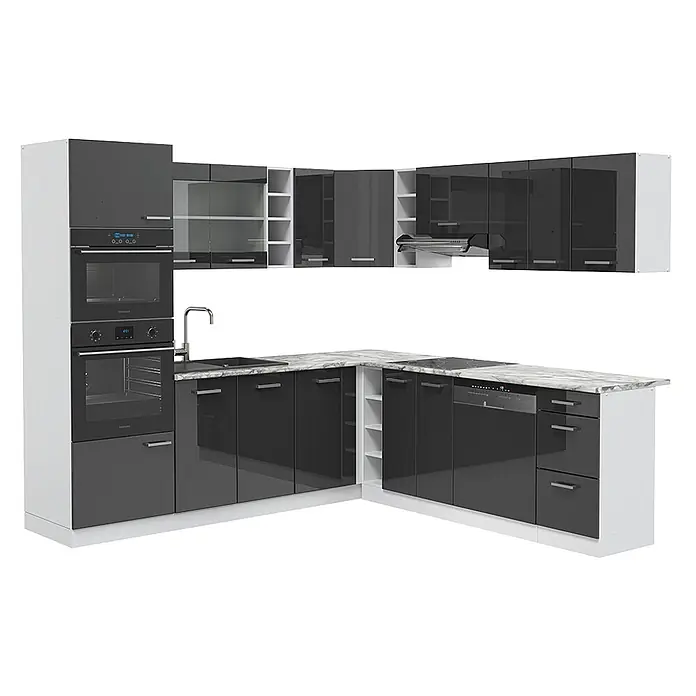Vicco Eckküche R-Line Anthrazit Hochglanz/Weiß ohne Arbeitsplatte - B x T: 247 x 46 cm, Anthrazit Hochglanz, Ohne Elektrogeräte - L-förmige Küchenzeile mit dunkelgrauen Hochglanzfronten, weißen Schränken und einer Arbeitsplatte in Marmoroptik, inklusive integrierter Geräte.