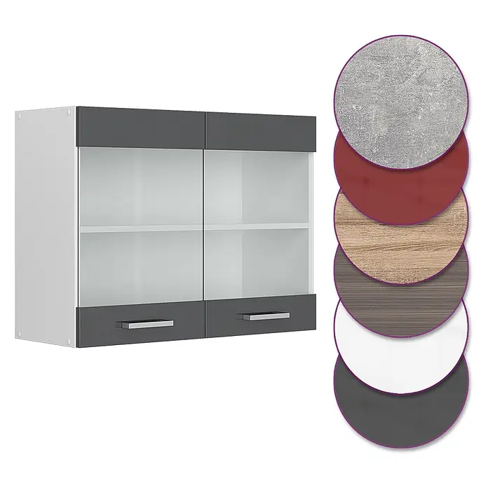 Vicco Schrankküche R-Line Anthrazit Hochglanz - Anthrazit Hochglanz, Hängeglasschrank 80 cm - Wandschrank in Grau und Weiß mit Glastüren, zwei Schubladen und Materialmustern.