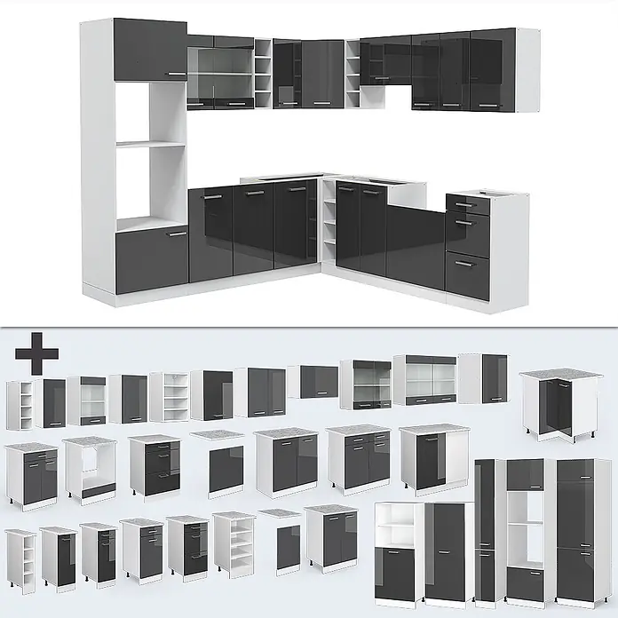 Vicco Eckküche R-Line Anthrazit Hochglanz/Weiß, AP Anthrazit - B x T: 247 x 60 cm, Anthrazit Hochglanz, Ohne Elektrogeräte - Modulares Küchenschranksystem in Weiß mit dunkelgrauen Hochglanzfronten, bestehend aus Ober- und Unterschränken, Regalen und Schubladen.