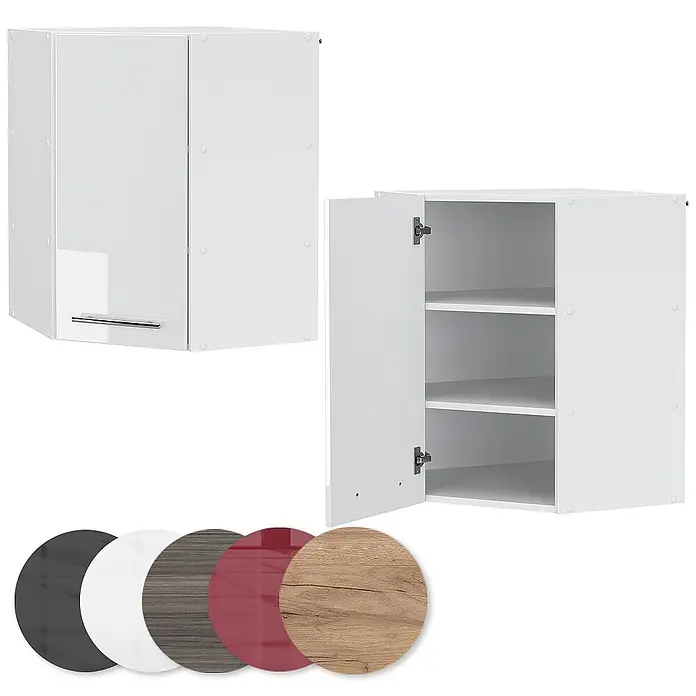 Vicco Schrankküche Fame-Line Weiß Hochglanz - Weiß Hochglanz, Eckhängeschrank 57 cm - Weißer Wandschrank mit zwei Türen, eine geschlossen mit Griff, eine offen mit Regalböden. Inkl. Farbmuster für verschiedene Türfarben/Materialien.