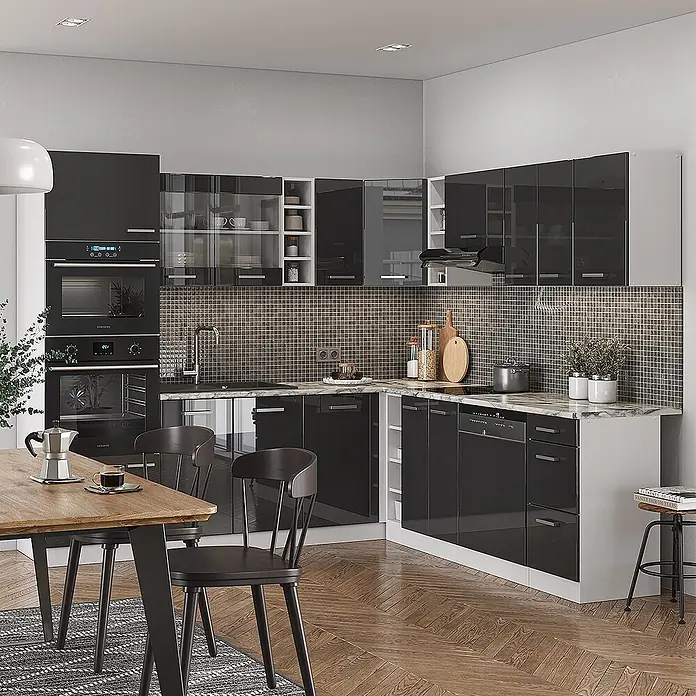 Vicco Eckküche R-Line Anthrazit Hochglanz/Weiß, AP Anthrazit - B x T: 247 x 60 cm, Anthrazit Hochglanz, Ohne Elektrogeräte - Moderne L-förmige Küche mit hochglänzenden schwarzen Schränken, weißen Arbeitsplatten, integrierten Geräten und gefliester Rückwand, in einem Essbereich.