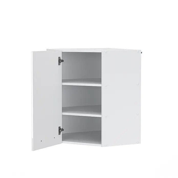Vicco Schrankküche Fame-Line Weiß Hochglanz - Weiß Hochglanz, Eckhängeschrank 57 cm - Weißer Schrank mit geöffneter Tür, der drei verstellbare Ablagen für die Aufbewahrung enthüllt.