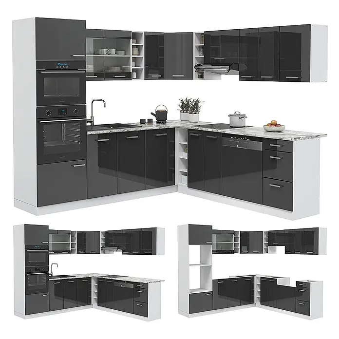 Vicco Eckküche R-Line Anthrazit Hochglanz/Weiß, AP Anthrazit - B x T: 247 x 60 cm, Anthrazit Hochglanz, Ohne Elektrogeräte - Moderne L-förmige Küche mit dunkelgrauen Hochglanzschränken, weißer Marmoroptik-Arbeitsplatte, integrierten Geräten und offenen Regalen.