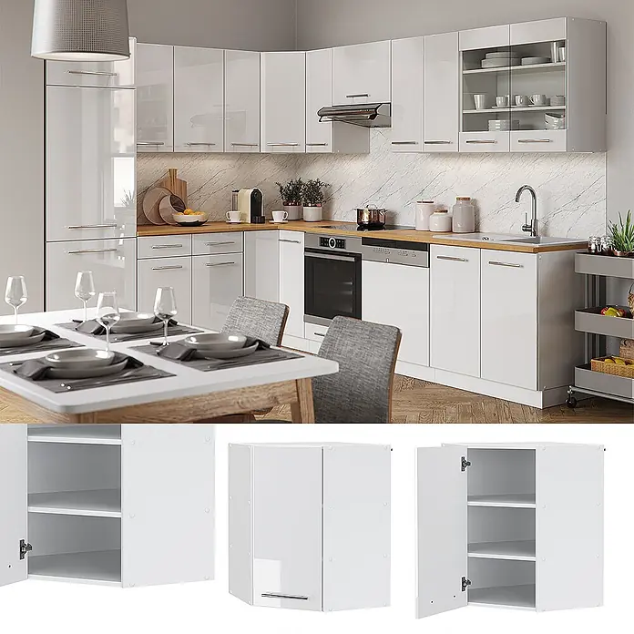 Vicco Schrankküche Fame-Line Weiß Hochglanz - Weiß Hochglanz, Eckhängeschrank 57 cm - Moderne hochglänzende weiße Küchenzeile mit Holzplatte und integrierten Geräten, zusammen mit Komponentenansichten gezeigt.