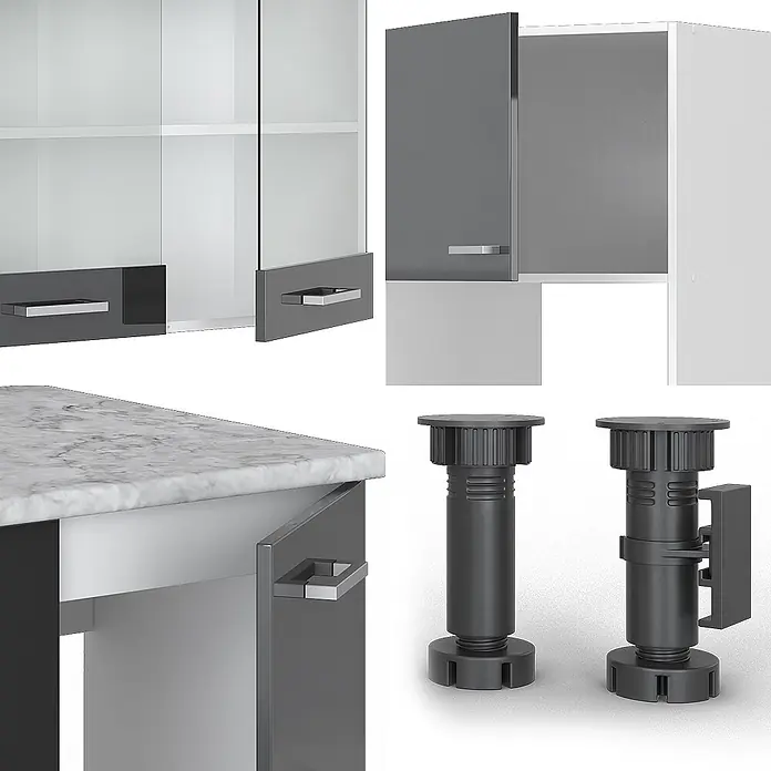 Vicco Eckküche R-Line Anthrazit Hochglanz/Weiß, AP Anthrazit - B x T: 247 x 60 cm, Anthrazit Hochglanz, Ohne Elektrogeräte - Graue und gläserne Schranktüren mit silbernen Griffen, Marmor-Arbeitsplatte und verstellbare dunkelgraue Kunststoffschrankfüße.