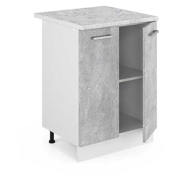 Vicco Schrankküche R-Line Beton, AP Marmor - Beton, Unterschrank 60 cm, AP Marmor - Weißer Schrank mit zwei grauen Betonoptik-Türen, Marmoroptik-Platte und einem Einlegeboden, auf schwarzen Füßen.
