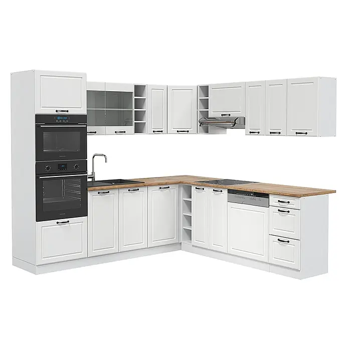 Vicco Eckküche R-Line Weiß Landhaus/Weiß ohne Arbeitsplatte - B x T: 247 x 46 cm, Weiß Landhaus, Ohne Elektrogeräte - Weiße L-förmige Küche mit Holztheke, schwarzen Griffen, Einbaubacköfen, Kochfeld, Geschirrspüler und Spüle.