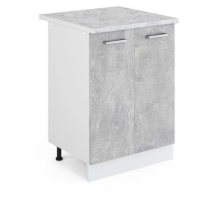 Vicco Schrankküche R-Line Beton, AP Marmor - Beton, Unterschrank 60 cm, AP Marmor - Weißer Schrank mit grauer Marmorplatte, zwei grauen Beton-Optik Türen, silbernen Griffen, verstellbaren Füßen und weißem Sockel.