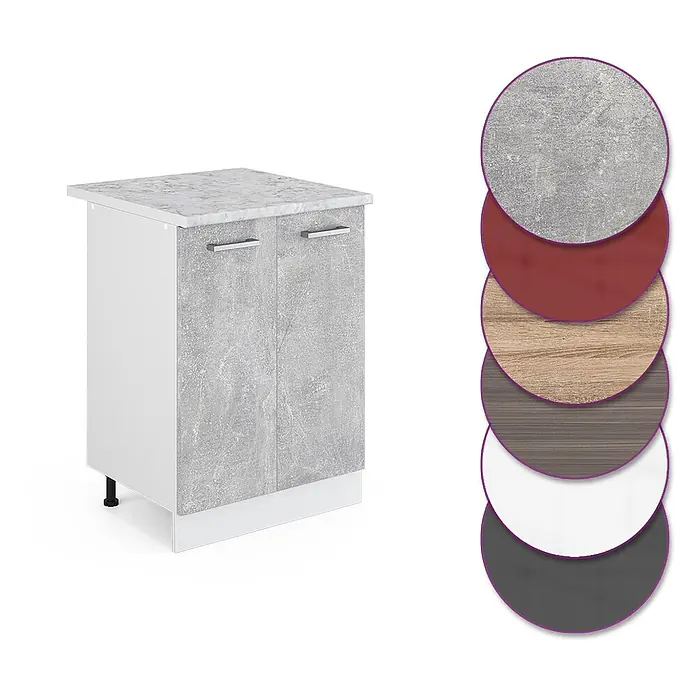 Vicco Schrankküche R-Line Beton, AP Marmor - Beton, Unterschrank 60 cm, AP Marmor - Weißer Unterschrank mit grauen Betonoptik-Türen und -Platte, plus Materialmuster.