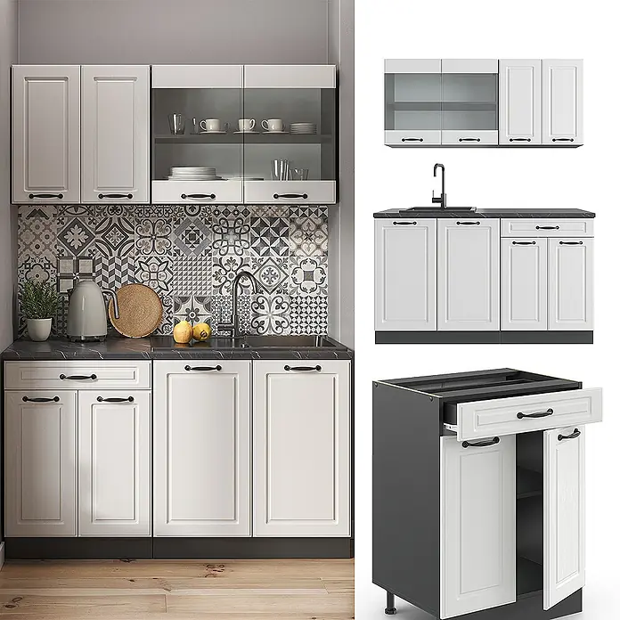 Vicco Singleküche R-Line Weiß Landhaus/Anthrazit, AP Eiche - Breite: 140 cm, Weiß Landhaus, Mit AP Eiche - Modulare Küchenschrank-Set mit weißen Türen, schwarzen Griffen und dunklen Arbeitsplatten, installiert und als Einzelteile gezeigt.