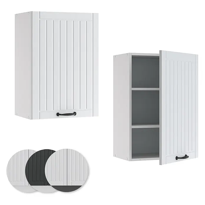 Vicco Schrankküche Fame-Line Weiß Landhaus - Weiß Landhaus, Hängeschrank 50 cm - Weißer Küchen-Hängeschrank, geschlossen und offen mit Regalböden gezeigt. Farb- und Stilproben enthalten.