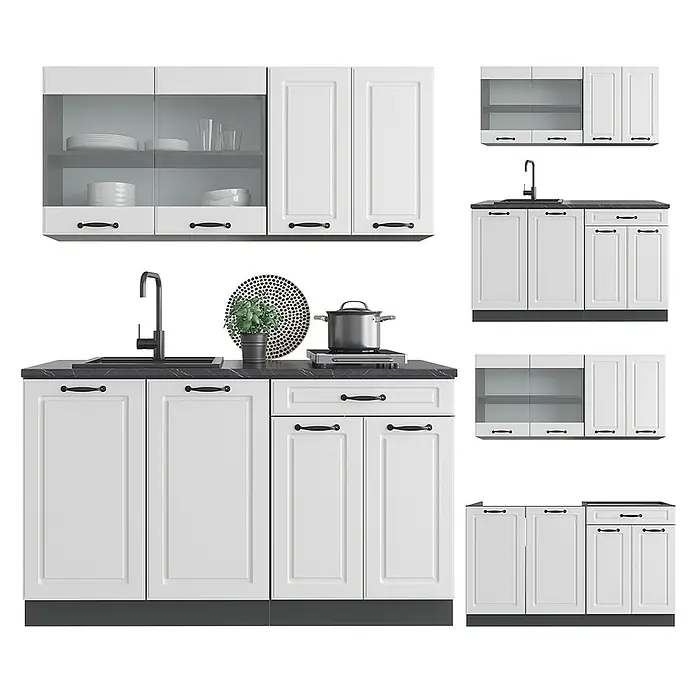Vicco Singleküche R-Line Weiß Landhaus/Anthrazit, AP Eiche - Breite: 140 cm, Weiß Landhaus, Mit AP Eiche - Weiße modulare Küchenschränke mit schwarzen Griffen und Arbeitsplatte, inklusive Oberschränken mit Glastüren, Spüle und Kochfeld.