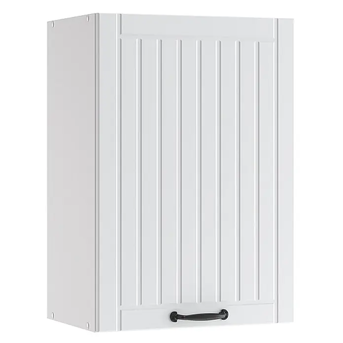 Vicco Schrankküche Fame-Line Weiß Landhaus - Weiß Landhaus, Hängeschrank 50 cm - Weißer Wandschrank mit Rillenfront und schwarzem Griff.