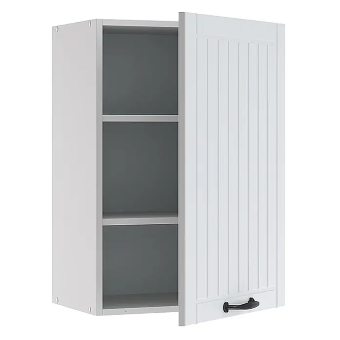 Vicco Schrankküche Fame-Line Weiß Landhaus - Weiß Landhaus, Hängeschrank 50 cm - Weißer Wandschrank mit offener, gerillter Tür, drei Einlegeböden und schwarzem Griff.