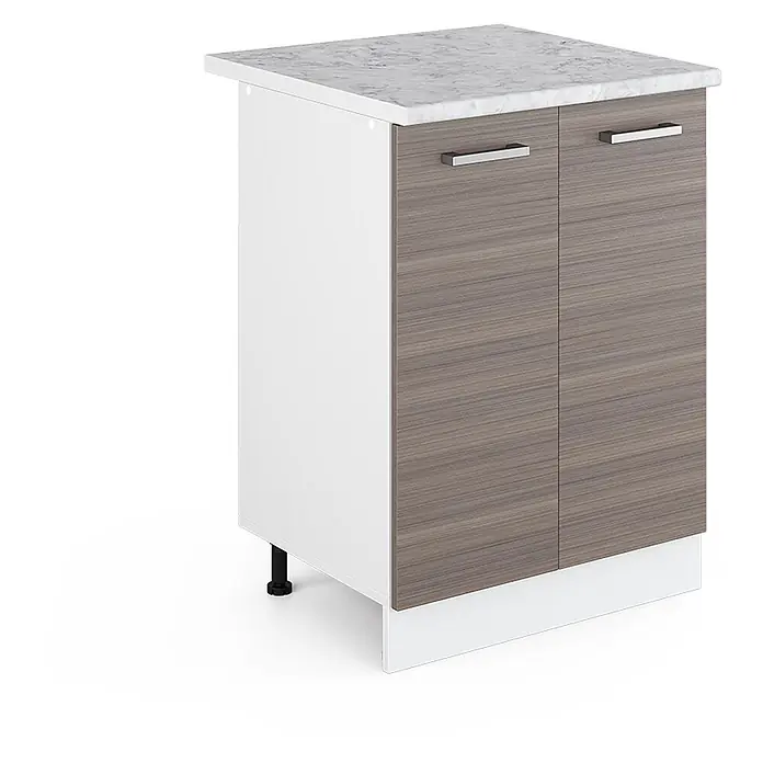 Vicco Schrankküche R-Line Edelgrau, AP Marmor - Edelgrau, Unterschrank 60 cm, AP Marmor - Weißer Unterschrank mit Marmor-Arbeitsplatte, zwei grauen Holzmaserungs-Türen, silbernen Griffen und verstellbaren Füßen.