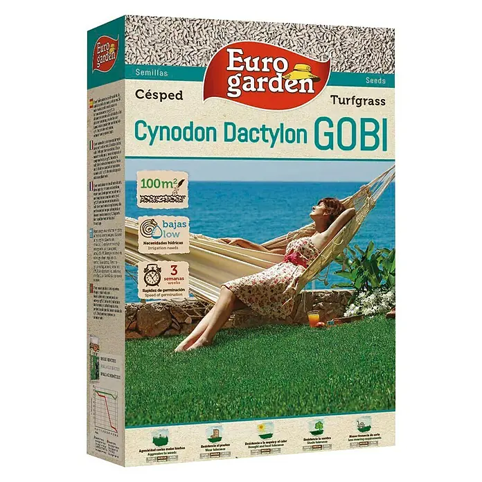 Semillas de césped Cynodon Dactylon - 1 kg, 100 m² - Paquete de semillas de césped Euro garden Cynodon Dactylon GOBI con info sobre superficie, necesidades, germinación, resistencia y características.