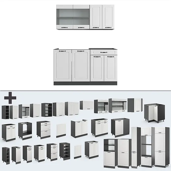 Vicco Singleküche R-Line Weiß Landhaus/Anthrazit, AP Eiche - Breite: 140 cm, Weiß Landhaus, Mit AP Eiche - Modulare Küchenschränke mit weißen Fronten, dunkelgrauen Rahmen/Sockeln und schwarzen Griffen, darunter Wand-, Unter- und Hochschränke.