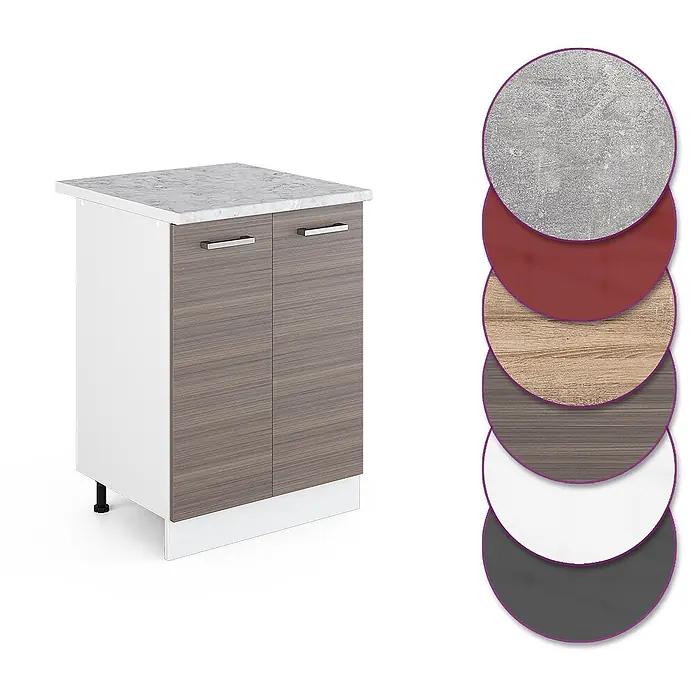 Vicco Schrankküche R-Line Edelgrau, AP Marmor - Edelgrau, Unterschrank 60 cm, AP Marmor - Küchenunterschrank mit Holzmaserungstüren, weißen Seiten, marmorierter Arbeitsplatte. Muster zeigen verschiedene Oberflächen für Arbeitsplatte und Türen.