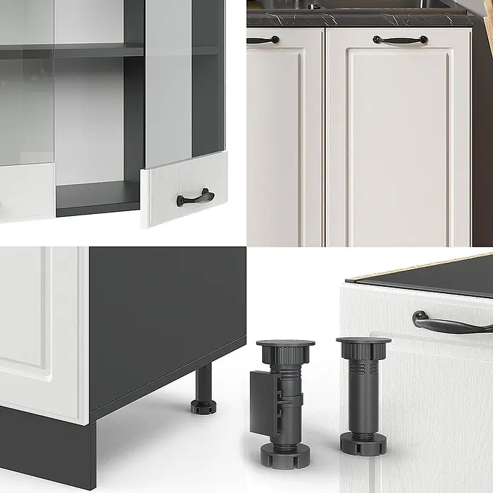 Vicco Singleküche R-Line Weiß Landhaus/Anthrazit, AP Eiche - Breite: 140 cm, Weiß Landhaus, Mit AP Eiche - Weiße und dunkelgraue Küchenschrankteile mit Kassettentüren, schwarzen Griffen und verstellbaren Füßen.