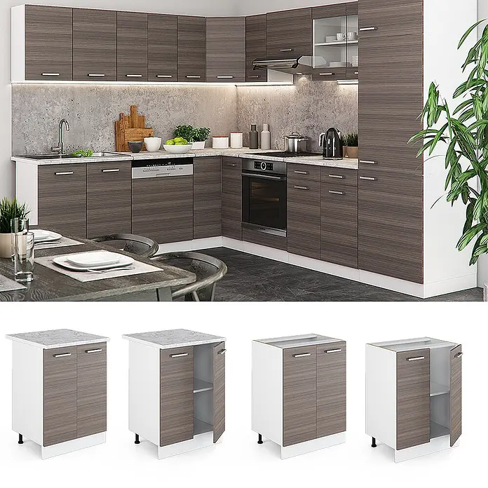 Vicco Schrankküche R-Line Edelgrau, AP Marmor - Edelgrau, Unterschrank 60 cm, AP Marmor - Moderne Küchenschränke in dunkler Holzmaserung und Weiß, als L-förmige Anordnung und einzelne Unterschränke.