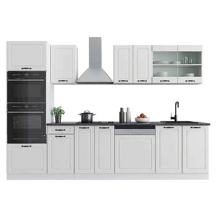 Vicco Küchenzeile R-Line Weiß Landhaus/Weiß mit Hochschrank, ohne Arbeitsplatte - Weiß Landhaus, Ohne Elektrogeräte - Moderne weiße Küche mit schwarzen Arbeitsplatten, schwarzen Öfen, Edelstahl-Dunstabzugshaube, Spülmaschine und schwarzer Spüle mit Armatur.