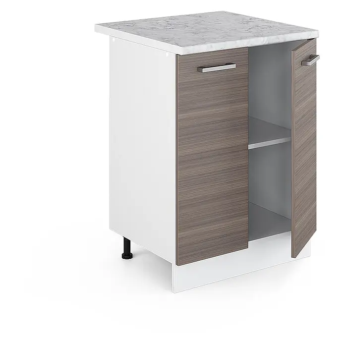 Vicco Schrankküche R-Line Edelgrau, AP Marmor - Edelgrau, Unterschrank 60 cm, AP Marmor - Weißer Küchenunterschrank mit braunen Holzmaserungstüren, Marmorarbeitsplatte und Innenablage.