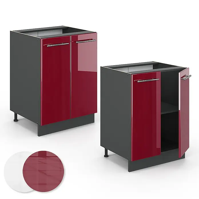 Vicco Schrankküche Fame-Line Bordeaux Hochglanz ohne Arbeitsplatte - Bordeaux Hochglanz, Unterschrank 60 cm - Zwei dunkelgraue Küchenunterschränke mit glänzenden roten Türen, Metallgriffen und Farbmustern. Eine Tür ist offen und zeigt ein Regal.