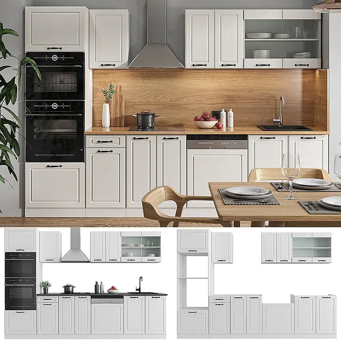 Vicco Küchenzeile R-Line Weiß Landhaus/Weiß mit Hochschrank, ohne Arbeitsplatte - Weiß Landhaus, Ohne Elektrogeräte - Moderne weiße Modulküche mit Holzoptik-Arbeitsplatte, schwarzen Griffen und integrierten Geräten.