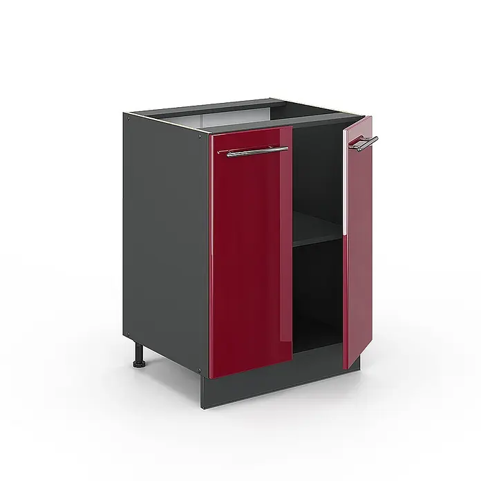 Vicco Schrankküche Fame-Line Bordeaux Hochglanz ohne Arbeitsplatte - Bordeaux Hochglanz, Unterschrank 60 cm - Dunkelgrauer Küchenunterschrank mit glänzenden roten Türen und silbernen Griffen. Eine Tür ist offen und zeigt ein internes Regal.