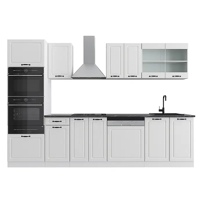 Vicco Küchenzeile R-Line Weiß Landhaus/Weiß mit Hochschrank, ohne Arbeitsplatte - Weiß Landhaus, Ohne Elektrogeräte - Weiße Küche mit schwarzen Geräten, dunkler Arbeitsplatte und Dunstabzugshaube aus Edelstahl.