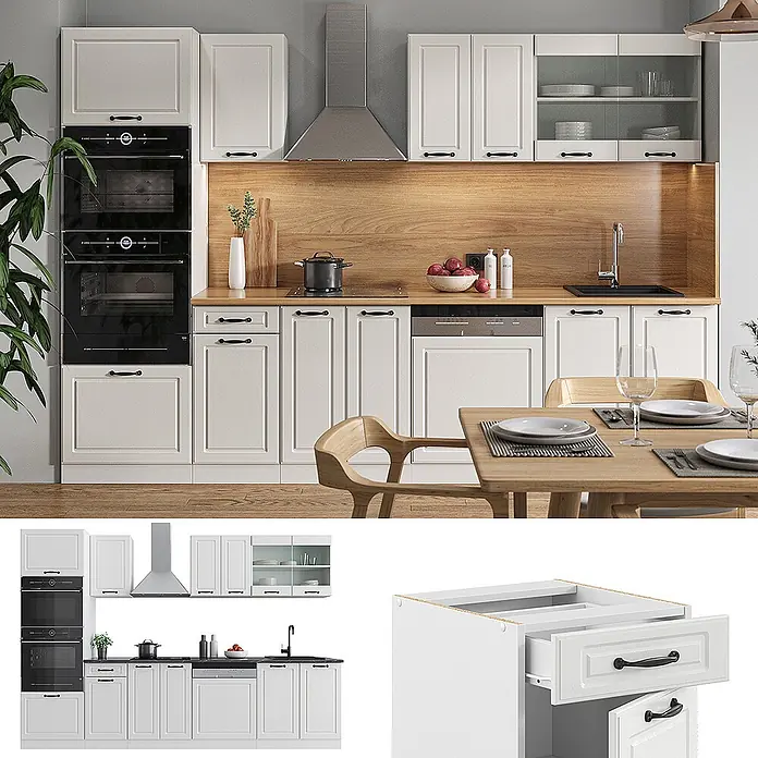 Vicco Küchenzeile R-Line Weiß Landhaus/Weiß mit Hochschrank, ohne Arbeitsplatte - Weiß Landhaus, Ohne Elektrogeräte - Moderne Küche mit hellen Shaker-Schränken, schwarzen Einbaugeräten, Arbeitsplatte und Rückwand in Holzoptik sowie Essbereich.