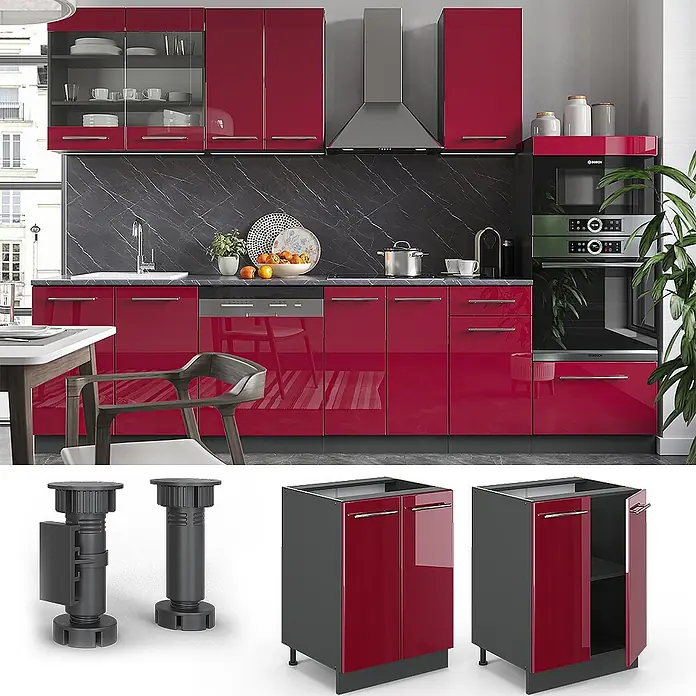Vicco Schrankküche Fame-Line Bordeaux Hochglanz ohne Arbeitsplatte - Bordeaux Hochglanz, Unterschrank 60 cm - Moderne Küche mit hochglänzenden roten Unter- und Oberschränken, integrierten Geräten und dunkler Arbeitsplatte.