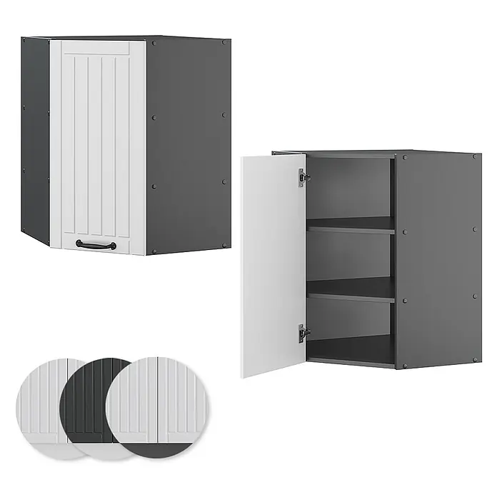 Vicco Schrankküche Fame-Line Weiß Landhaus - Weiß Landhaus, Eckhängeschrank 57 cm - Zweifarbiger Hängeschrank mit weißer geriffelter Tür, geschlossen und offen mit Einlegeböden gezeigt. Farboptionen enthalten.