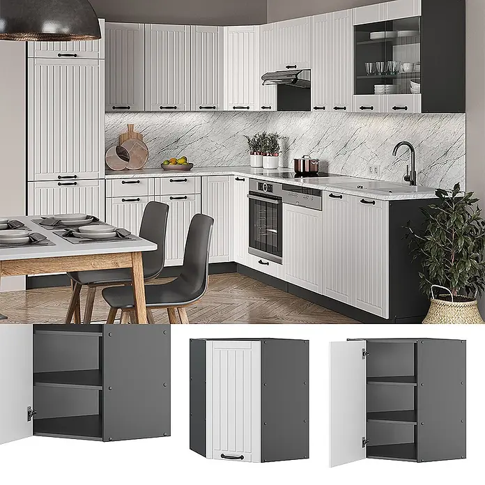 Vicco Schrankküche Fame-Line Weiß Landhaus - Weiß Landhaus, Eckhängeschrank 57 cm - Eckküchenschrank mit weißen geriffelten Türen und dunkelgrauem Korpus, integriert in eine moderne Küche.