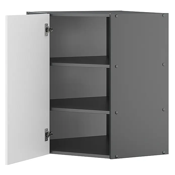 Vicco Schrankküche Fame-Line Weiß Landhaus - Weiß Landhaus, Eckhängeschrank 57 cm - Grauer Wandschrank mit offener weißer Tür, der drei interne Einlegeböden zeigt.