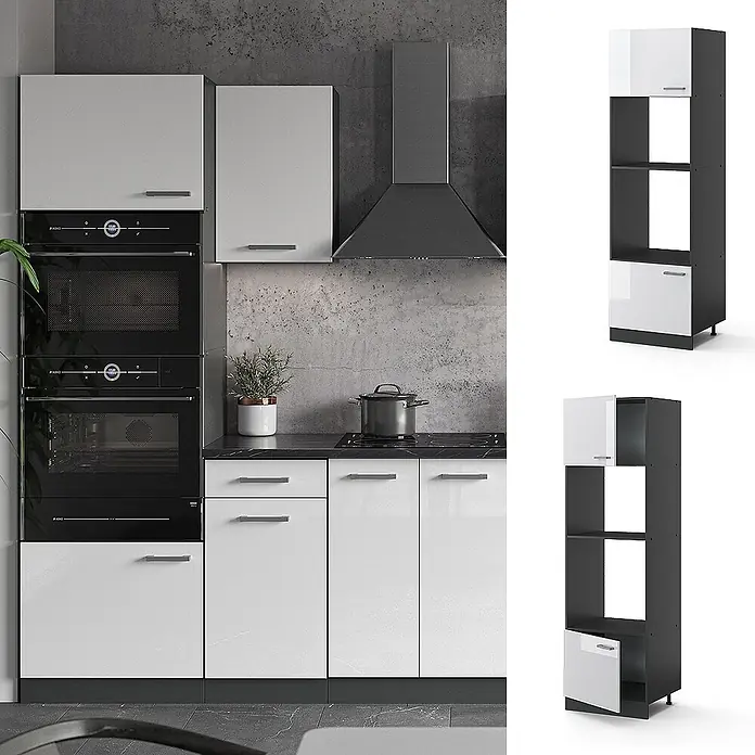 Vicco Schrankküche R-Line Weiß Hochglanz - Weiß Hochglanz, Mikrowellenschrank - Hoher Küchenschrank in Dunkelgrau mit weißen Hochglanztüren und offenen Regalen, mit Öfen integriert.