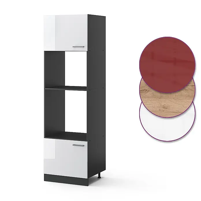 Vicco Schrankküche R-Line Weiß Hochglanz - Weiß Hochglanz, Mikrowellenschrank - Hoher dunkelgrauer Schrank mit glänzenden weißen Türen und Regalen, gezeigt mit roten, Holz- und weißen Materialoptionen.