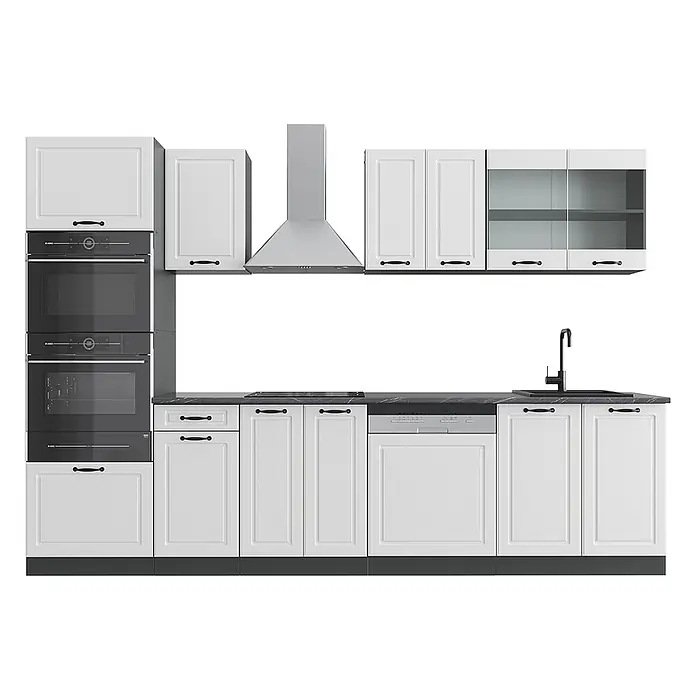 Vicco Küchenzeile R-Line Weiß Landhaus/Anthrazit mit Hochschrank, ohne Arbeitsplatte - Weiß Landhaus, Ohne Elektrogeräte - Weiße Küchenzeile mit integrierten Öfen, Geschirrspüler, Kochfeld, Spüle und Dunstabzugshaube. Mit schwarzen Griffen und dunkler Arbeitsplatte.