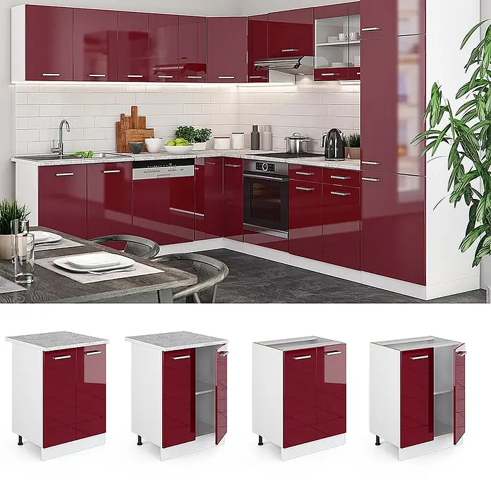 Vicco Schrankküche R-Line Rot Hochglanz ohne Arbeitsplatte - Rot Hochglanz, Unterschrank 60 cm - Moderne Küche mit hochglänzenden roten Schränken, weißen Arbeitsplatten und integrierten Geräten. Modulare Unterschränke separat gezeigt.