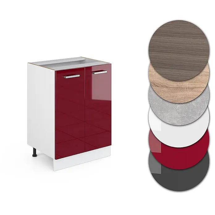 Vicco Schrankküche R-Line Rot Hochglanz, AP Eiche - Rot Hochglanz, Unterschrank 60 cm, AP Eiche - Glänzender roter Küchenunterschrank mit weißen Seiten, gezeigt mit verschiedenen Farb-/Materialoptionen.