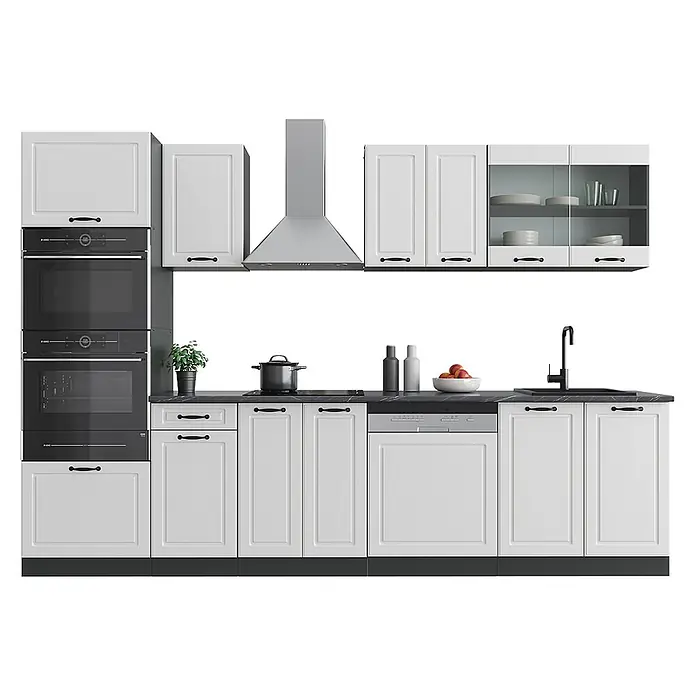 Vicco Küchenzeile R-Line Weiß Landhaus/Anthrazit mit Hochschrank, AP Marmor - Weiß Landhaus, Ohne Elektrogeräte - Moderne weiße Küche mit schwarzen Griffen, integrierten Öfen, silberner Dunstabzugshaube, schwarzer Arbeitsplatte mit Kochfeld, Spüle, Wasserhahn und Geschirrspüler.