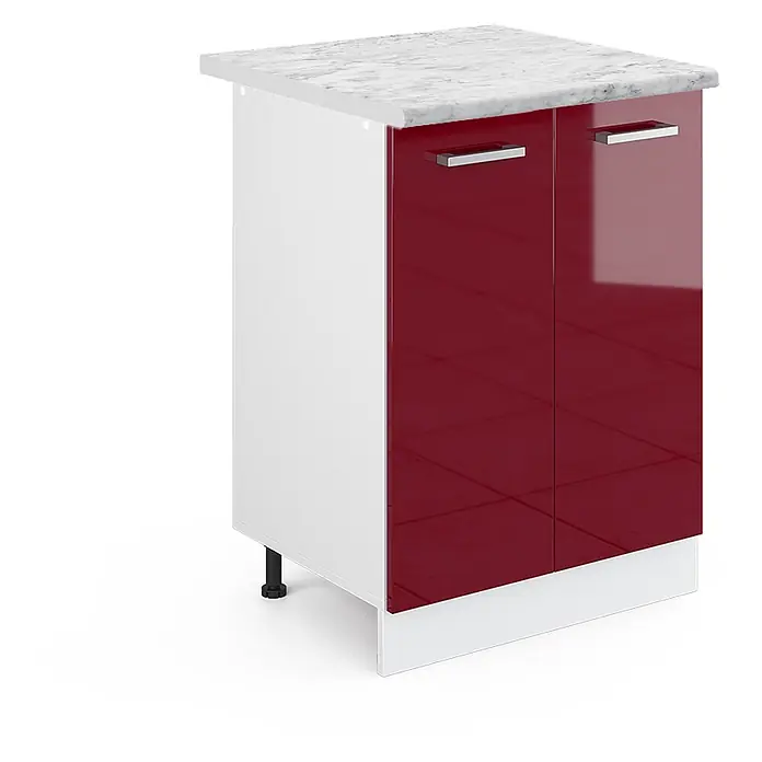 Küchenunterschrank R-Line 60 cm Rot Hochglanz Art.-Nr. 30474 -  - Weißer Küchenunterschrank mit glänzenden roten Türen, Chromgriffen und einer weißen Arbeitsplatte in Marmoroptik.