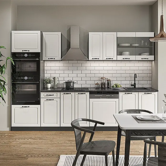 Vicco Küchenzeile R-Line Weiß Landhaus/Anthrazit mit Hochschrank, AP Marmor - Weiß Landhaus, Ohne Elektrogeräte - Moderne Küche mit weißen Schränken, schwarzen Arbeitsplatten und integrierten Geräten.