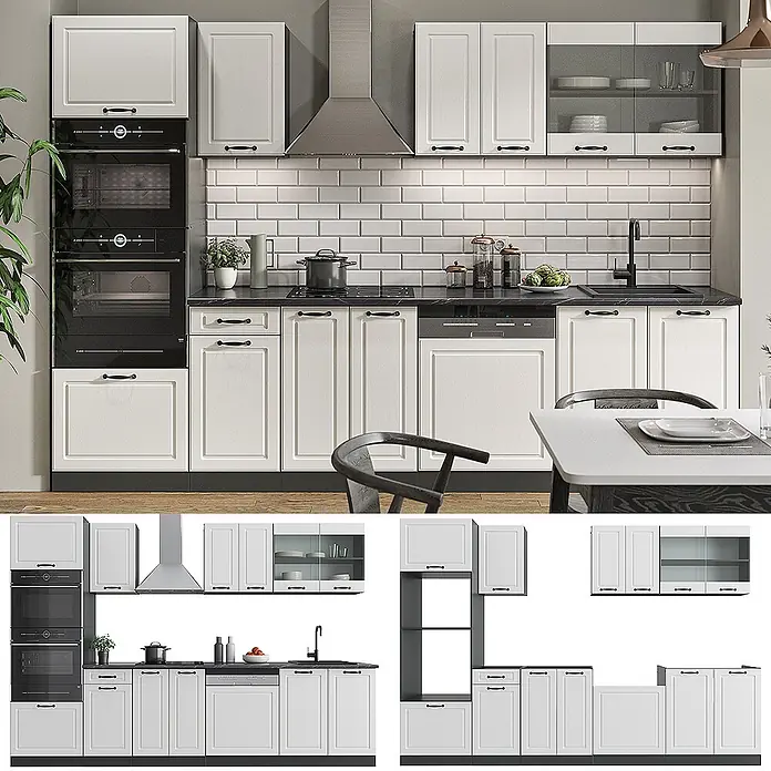Vicco Küchenzeile R-Line Weiß Landhaus/Anthrazit mit Hochschrank, AP Marmor - Weiß Landhaus, Ohne Elektrogeräte - Modulare Küchenschränke mit weißen Paneeltüren, schwarzen Griffen, dunklen Arbeitsplatten, integrierten Öfen und Dunstabzugshaube aus Edelstahl.