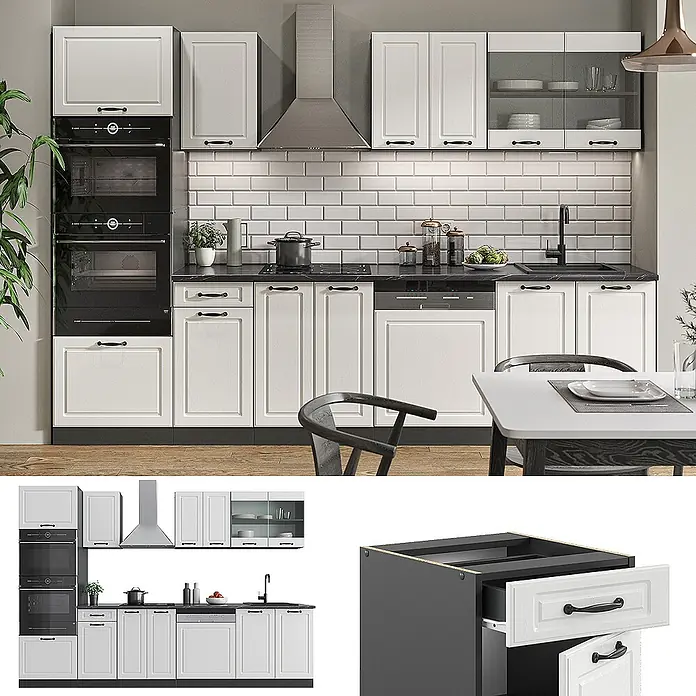Vicco Küchenzeile R-Line Weiß Landhaus/Anthrazit mit Hochschrank, AP Marmor - Weiß Landhaus, Ohne Elektrogeräte - Weiße Küche mit schwarzer Arbeitsplatte, integrierten Geräten und Edelstahlhaube. Weiße Schränke haben schwarze Griffe.