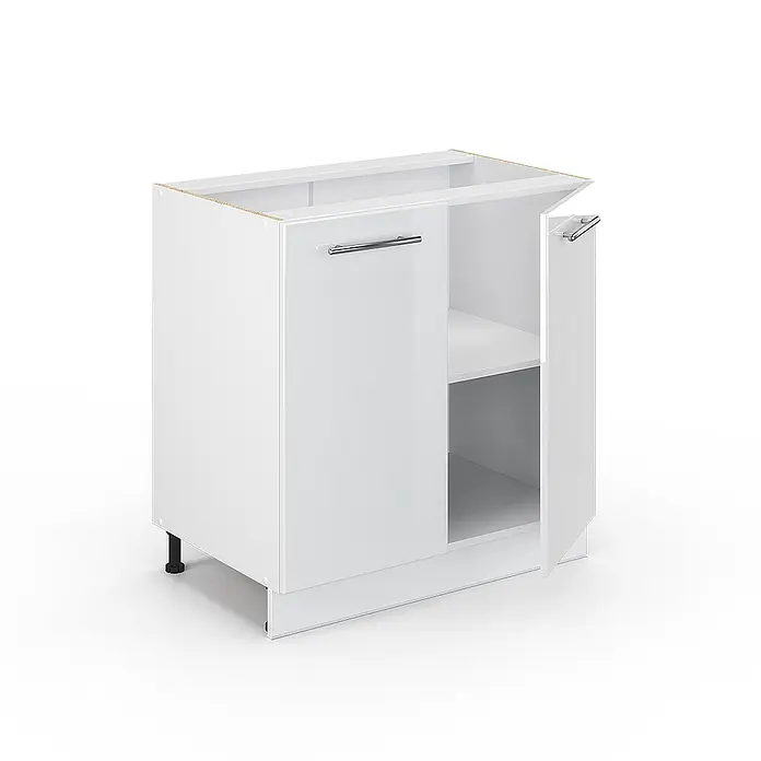 Vicco Schrankküche Fame-Line Weiß Hochglanz mit Regal, AP Eiche - Weiß Hochglanz, Unterschrank 80 cm, AP Eiche - Weißer Küchenunterschrank mit zwei Türen, eine geöffnet, zeigt ein Innenregal. Mit Chromgriffen und verstellbaren Füßen.